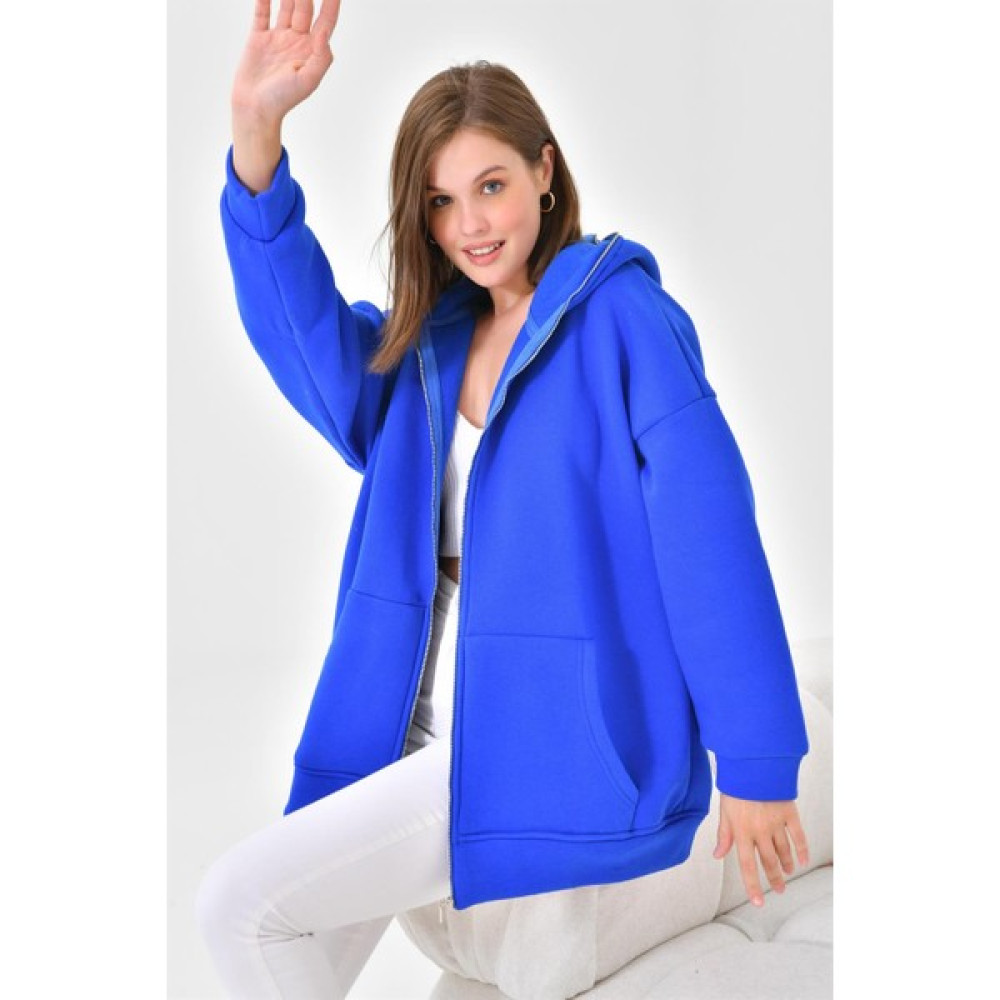 Ftz Women Kadın 3 Ip Şardonlu Fermuarlı Sweatshırt Saks Mavi Bayan Sweatshirt Fiyatı