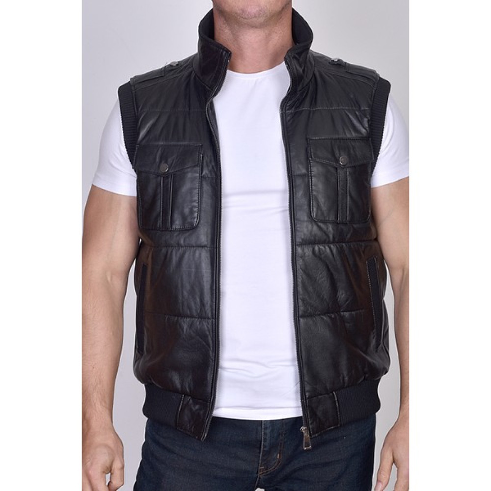Fubileather Trikolu Şişme Erkek Deri Yelek - Kuzu Derisi Erkek Yelek Fiyatı