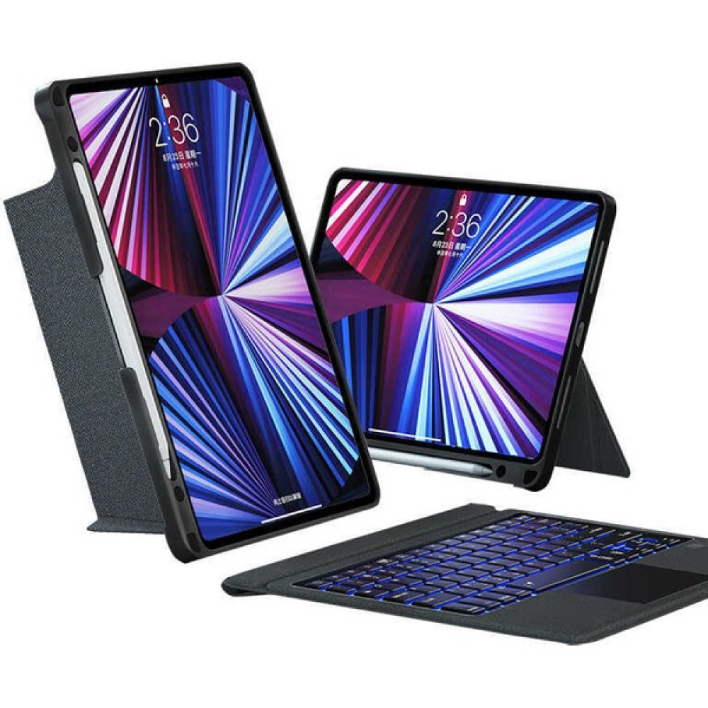 Fuchsia Apple iPad Air 12.9 Inç 2022 (6.nesil) Uyumlu Fuchsia Touch Pad Bluetooth Klavyeli Standlı Mıknatıslı Tablet Kılıfı - Siyah Tablet Kılıfı Fiyatı