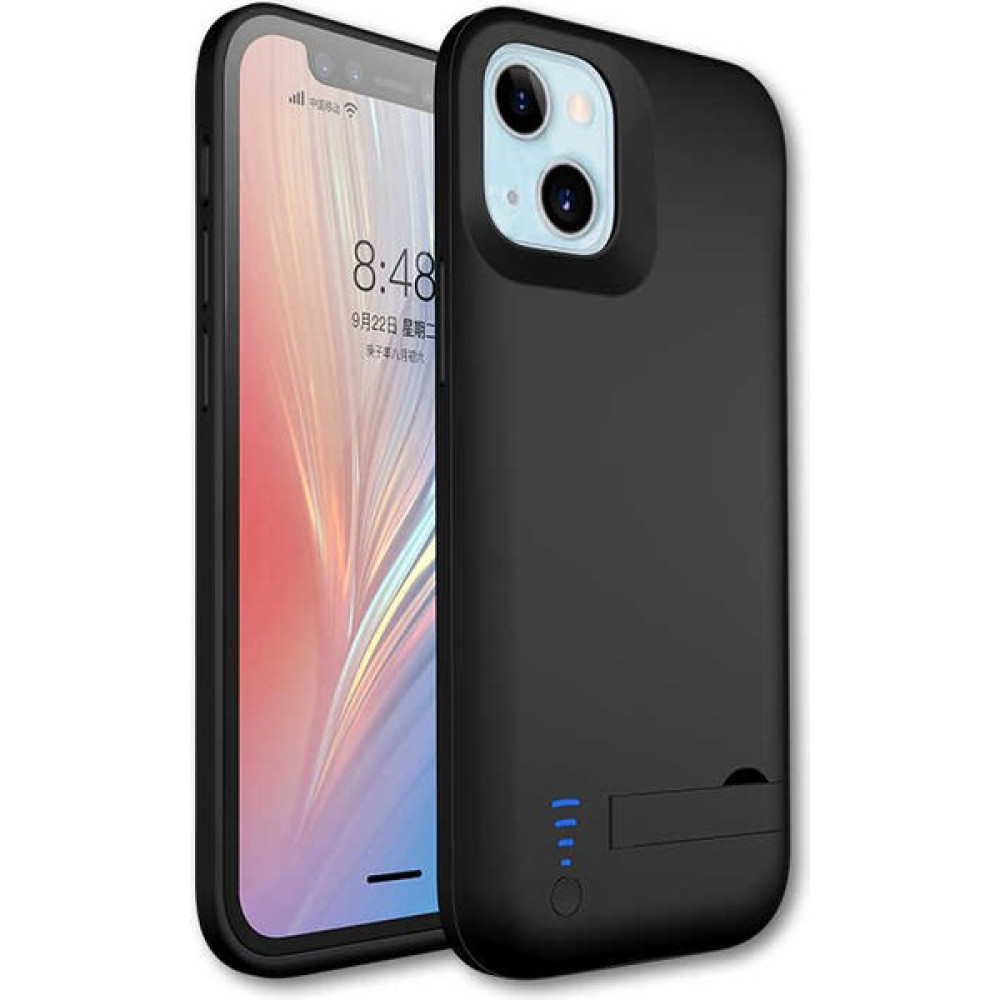 Fuchsia Apple iPhone 13 Uyumlu Fuchsia Şarjlı Kılıf LED Işık Göstergeli Standlı Powerbank Kapak - Siyah Taşınabilir Şarj Cihazı - Powerbank Fiyatı