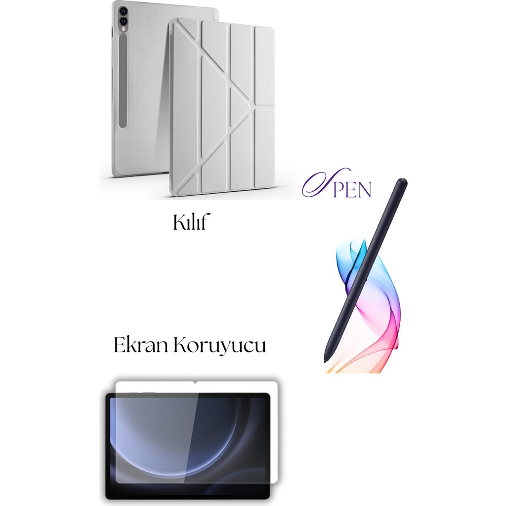 Fuchsia Galaxy Tab S9 Plus / S9 Fe Plus ile Uyumlu Tablet Kılıfı S Pen Tablet Kalemi Ekran Koruyucu Set - Gri Tablet Kılıfı Fiyatı