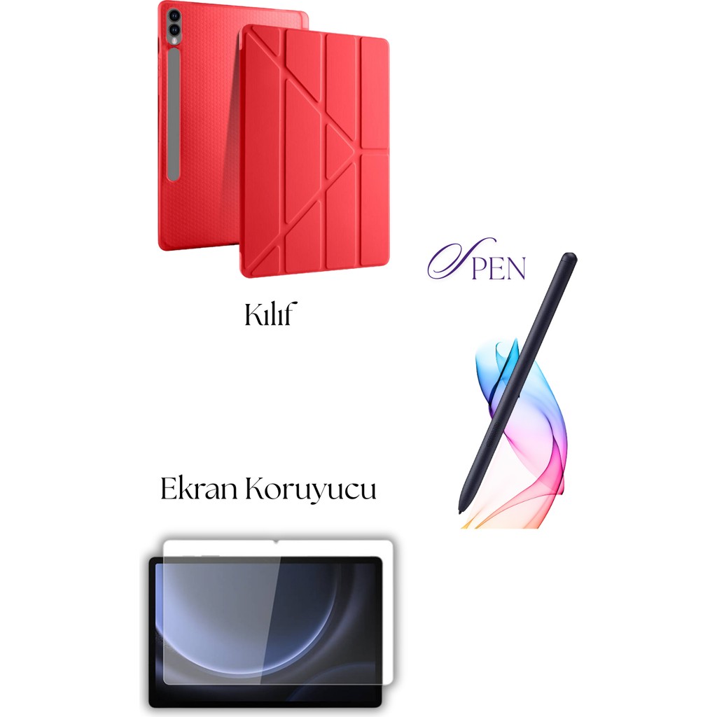 Fuchsia Galaxy Tab S9 Plus / S9 Fe Plus ile Uyumlu Tablet Kılıfı S Pen Tablet Kalemi Ekran Koruyucu Set - Kırmızı Tablet Kılıfı Fiyatı