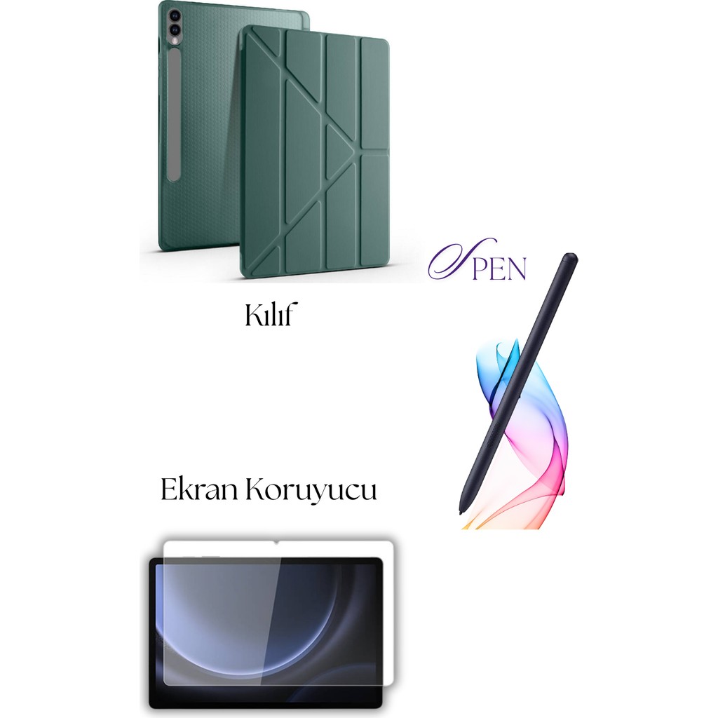 Fuchsia Galaxy Tab S9 Plus / S9 Fe Plus ile Uyumlu Tablet Kılıfı S Pen Tablet Kalemi Ekran Koruyucu Set - Koyu Yeşil Tablet Kılıfı Fiyatı