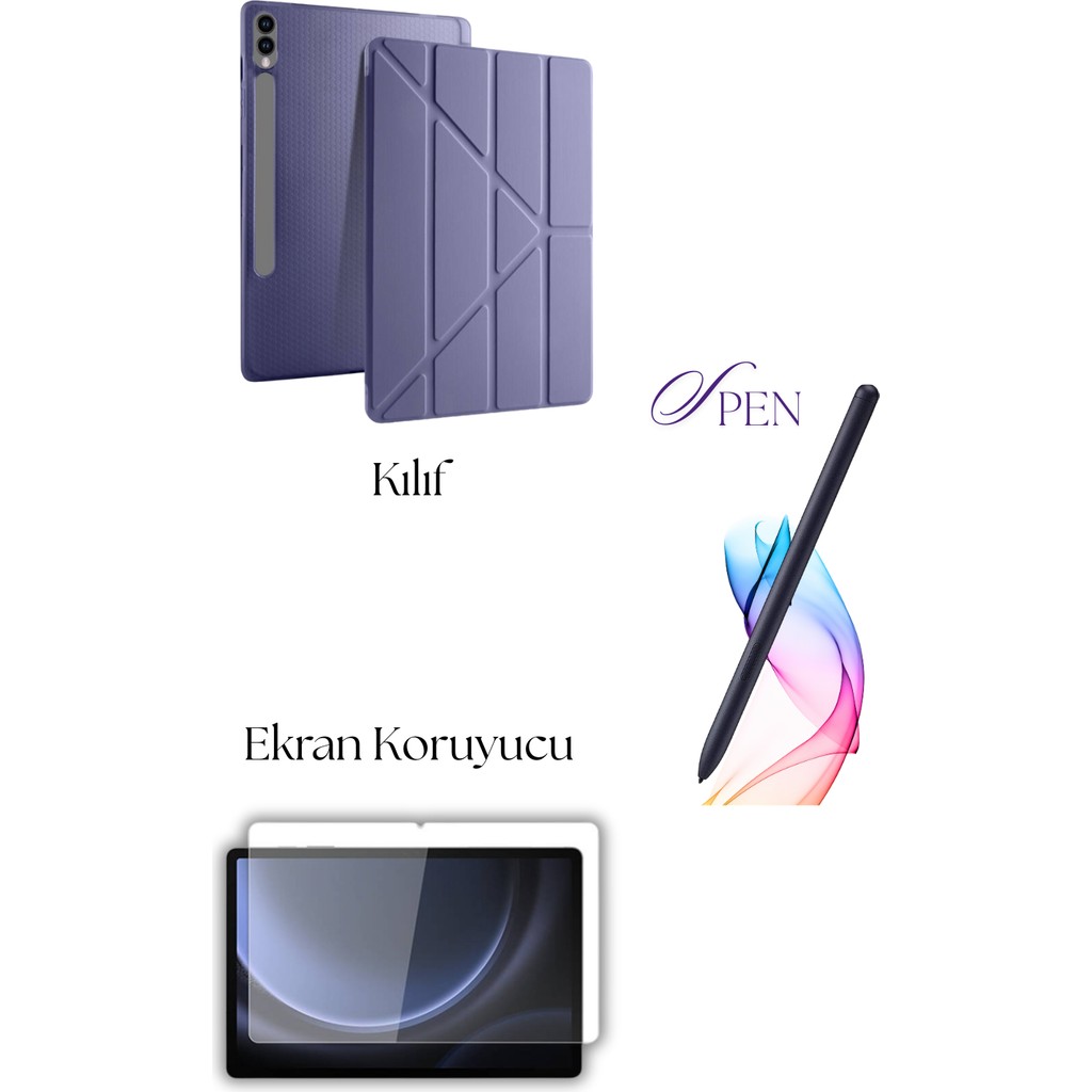 Fuchsia Galaxy Tab S9 Plus / S9 Fe Plus ile Uyumlu Tablet Kılıfı S Pen Tablet Kalemi Ekran Koruyucu Set - Lavendery Gray Tablet Kılıfı Fiyatı