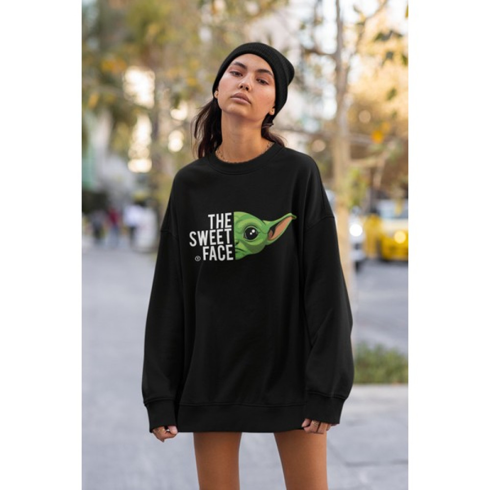 Fuddy Moda Yoda The Sweet Face Yazılı Kapüşonsuz Sweatshirt, Unisex Oversize Star Wars Yoda Baskılı Sweatshirt Erkek Sweatshirt Fiyatı