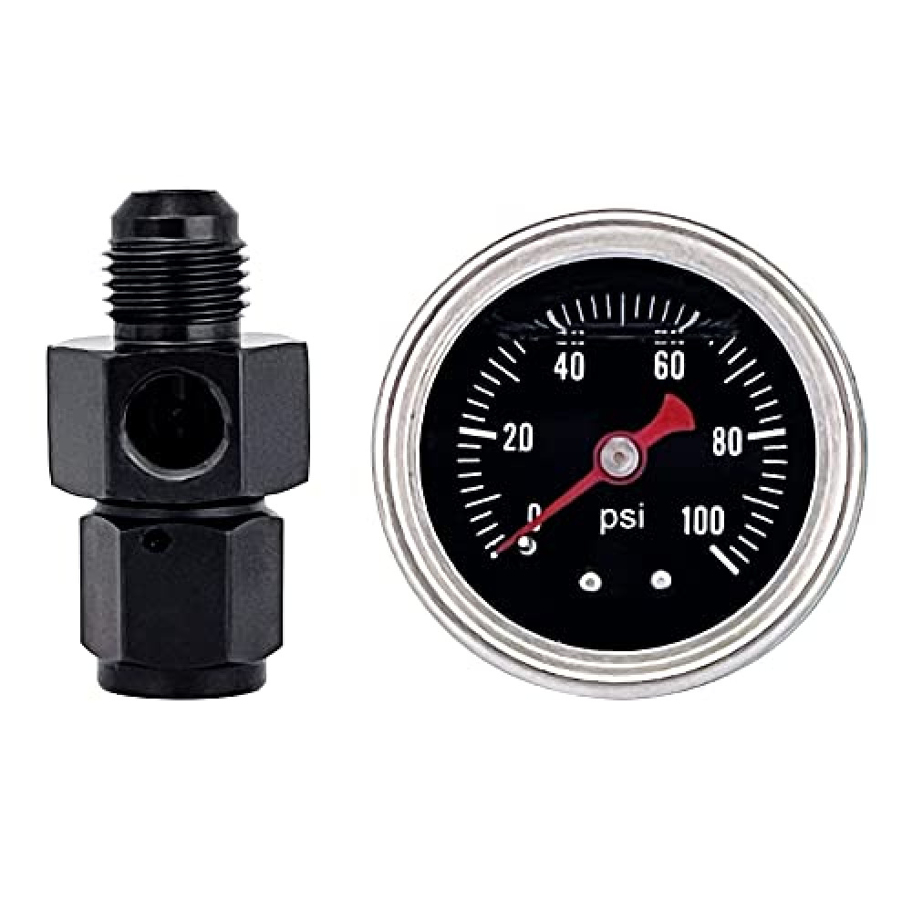 Fuel Pressure Gauge with 6AN Fuel Pressure Take Off Fitting, 0-100Psi, 1-1/2" Black Dial, 1/8" NPT Center Back Mount, Glycerin Filled, An6 Adapter