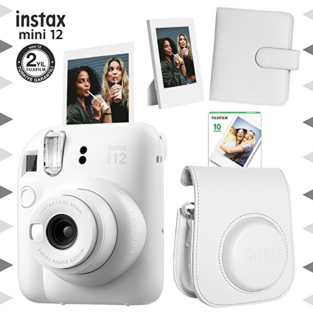 Fujifilm Instax Mini 12 Beyaz Fotoğraf Makinesi-10'lu Film-Çerçeve-Kare Albüm ve Deri Kılıf Seti Dijital Fotoğraf Makineleri Fiyatı