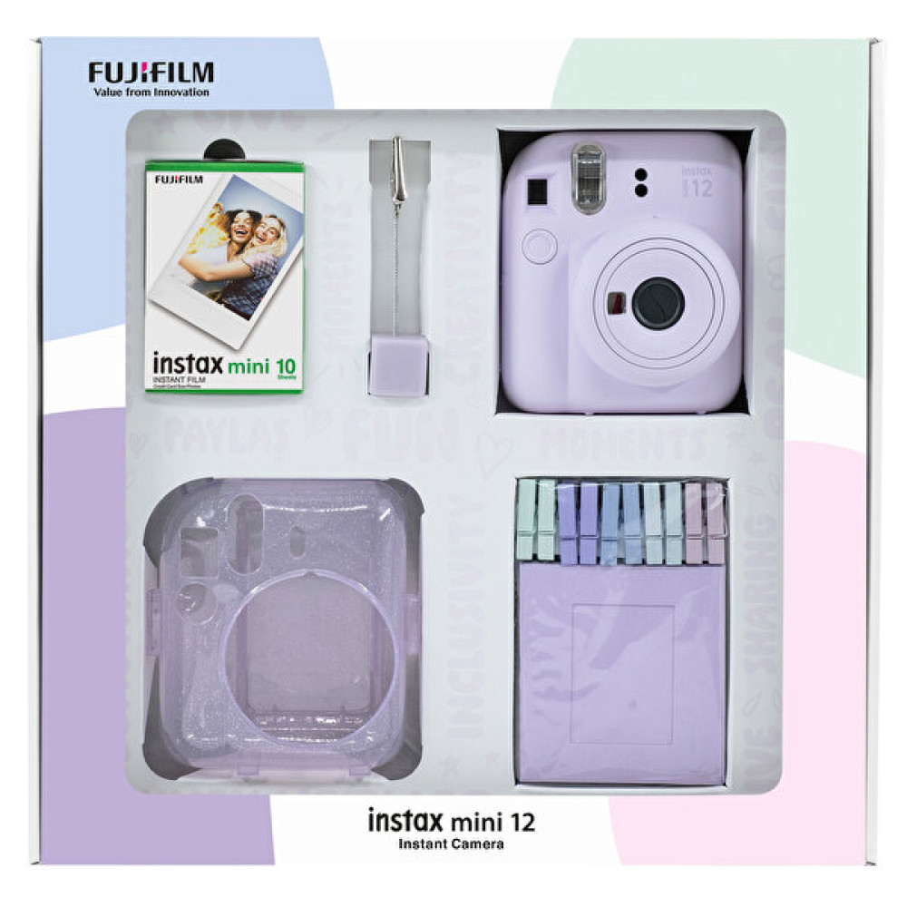 Fujifilm Instax Mini 12 Lila Fotoğraf Makinesi - 10'lu Film - Simli Pleksi Kılıf - Mandal ve Kıskaçlı Resim Standı Bundle Box Dijital Fotoğraf Makineleri Fiyatı