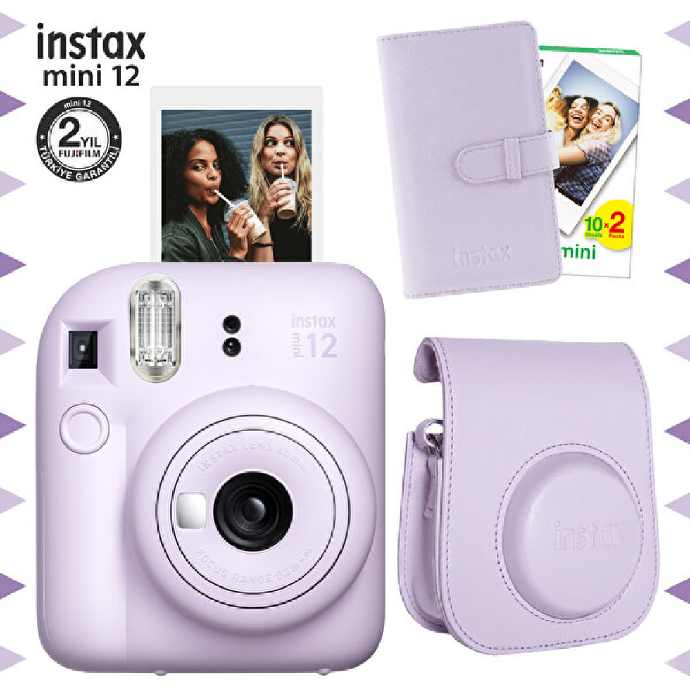 Fujifilm Instax Mini 12 Lila Fotoğraf Makinesi-20'li Film-Laporta Albüm ve Deri Kılıf Seti Dijital Fotoğraf Makineleri Fiyatı