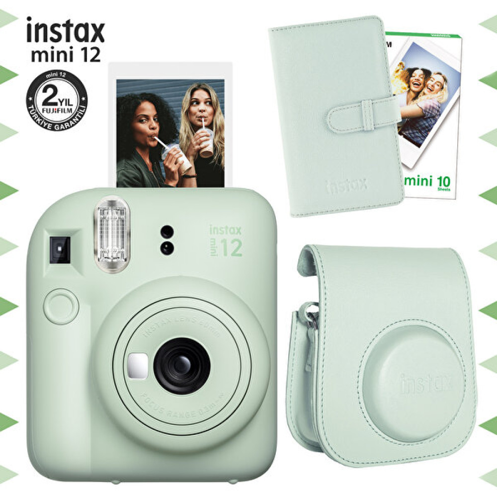 Fujifilm Instax Mini 12 Yeşil Şipşak Fotoğraf Makinesi-10'lu Film-Laporta Albüm ve Deri Kılıf Seti Dijital Fotoğraf Makineleri Fiyatı