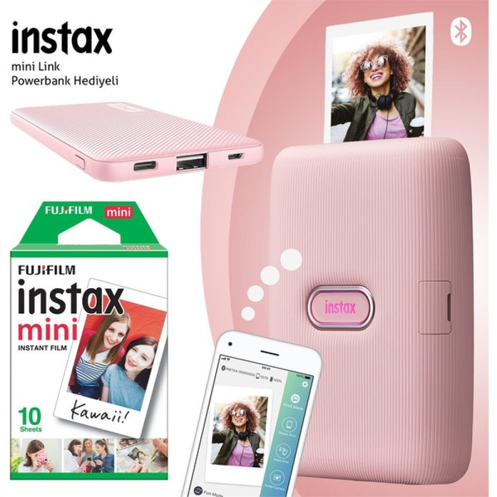 Fujifilm Instax Mini Link Pembe Akıllı Yazıcı - 10'lu Mini Film ve Powerbank Dijital Fotoğraf Makineleri Fiyatı
