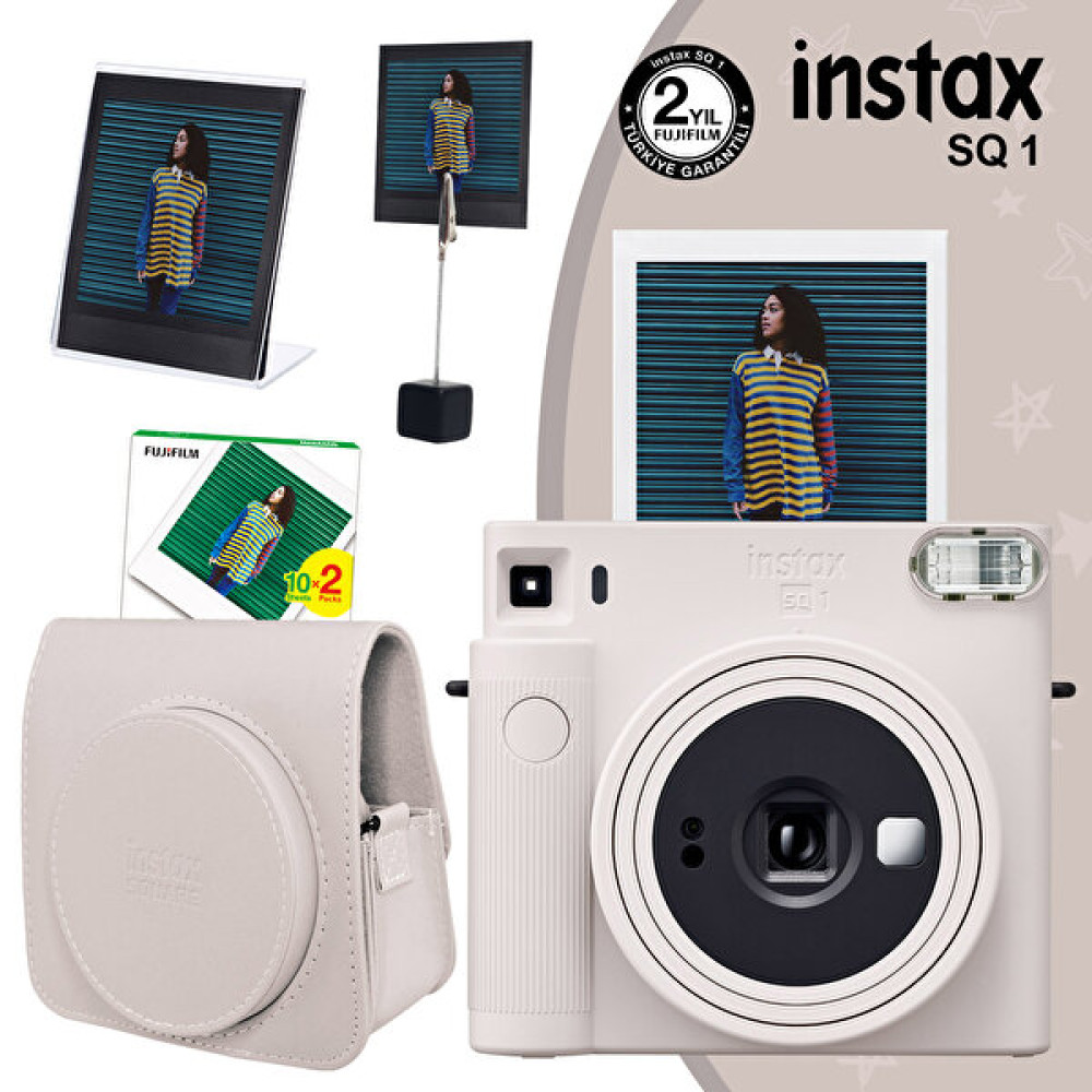 Fujifilm Instax SQ1 Beyaz Fotoğraf Makinesi 20'li Kare Film Deri Kılıf Pleksi Çerçeve ve Kıskaçlı Stand Dijital Fotoğraf Makineleri Fiyatı