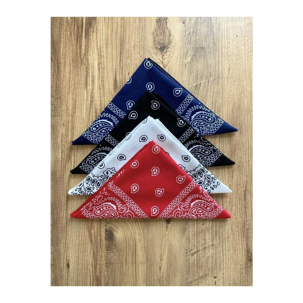 Fular Marketi %100 Pamuk Orjınal 4 Adet Etnik Desenli Bandana - Siyah Beyaz Kırmızı Lacivert 55 x 55 Beden Toka, Taç & Saç Bandı Fiyatı