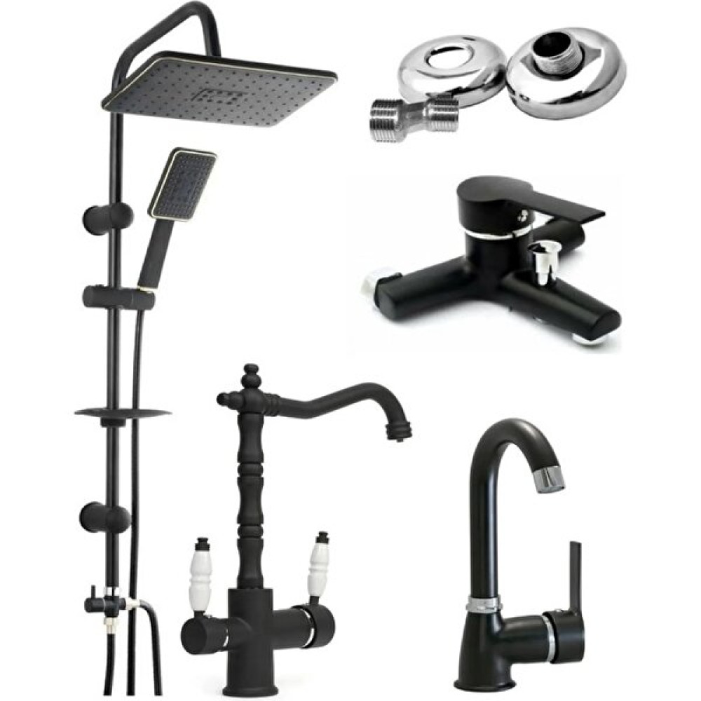 Full 4’lü Set Lavabo ve Banyo Siyah 3 Yollu Arıtmalı Mutfak Batarya Musluğu Robot Duş Duş Seti Fiyatı