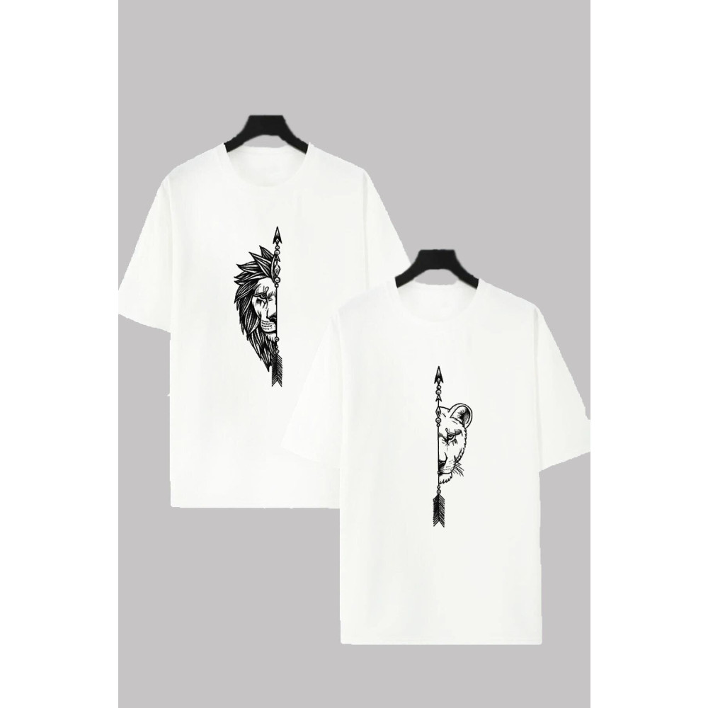 FULL TOLERANCE - Aslan Çiftler Baskılı Normal Kalıp Sevgili Çift Kombini Tişört L/XL Beden Bayan T-shirt Fiyatı
