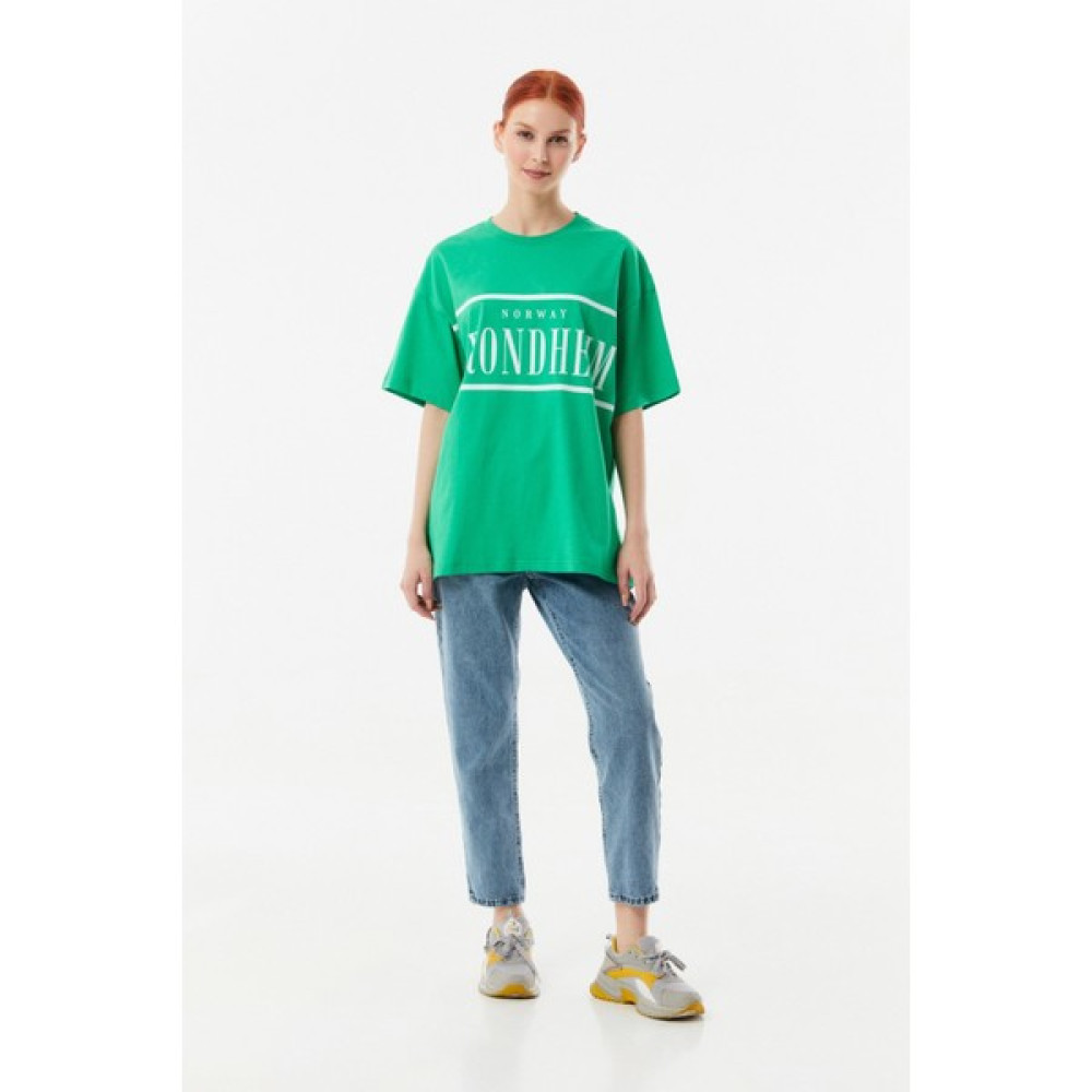 Fulla Moda Trondheim Baskılı Bisiklet Yaka Oversize Tişört Bayan T-shirt Fiyatı