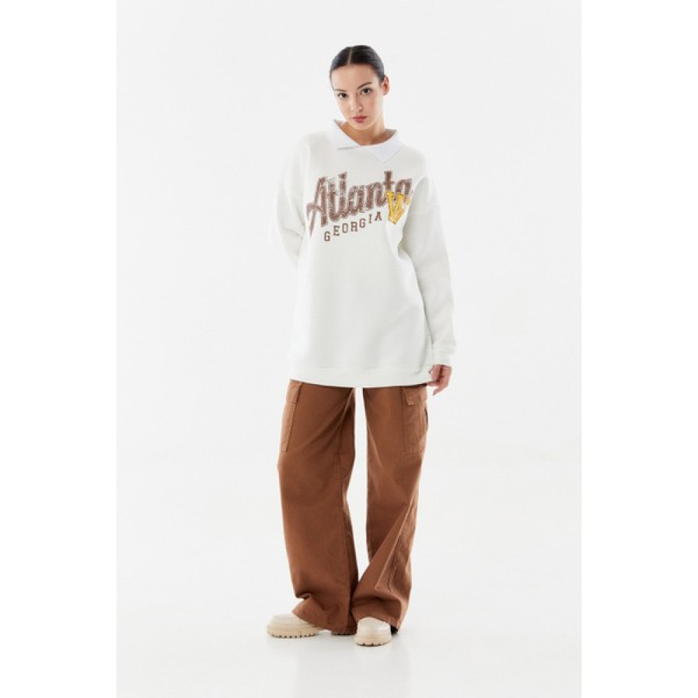 FullaModa Atlanta Baskılı Polo Yaka Oversize Sweatshirt Bayan Sweatshirt Fiyatı