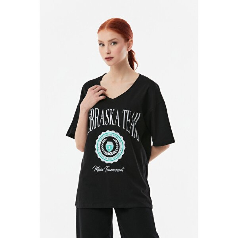 FullaModa Baskılı V Yaka Salaş Tişört Bayan T-shirt Fiyatı