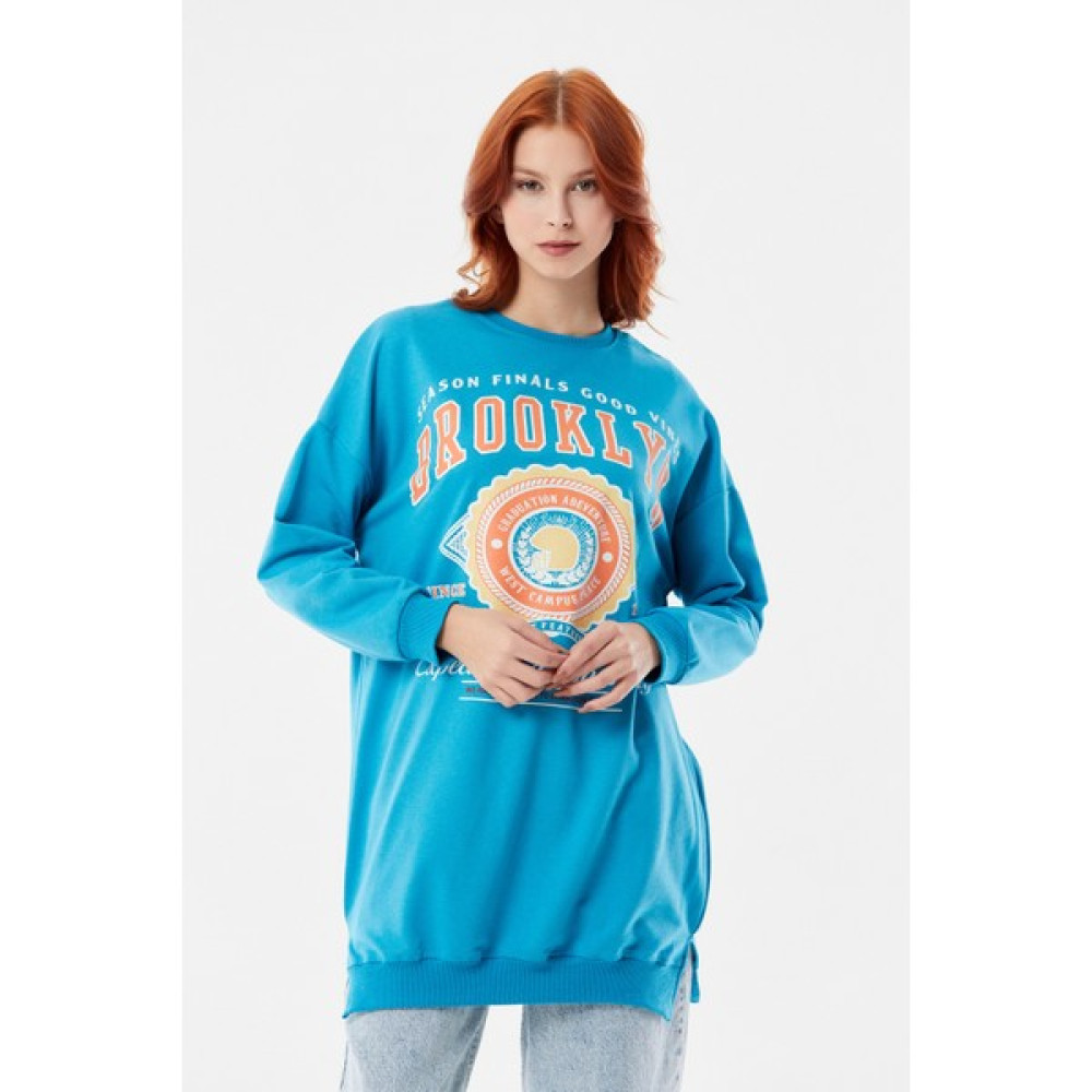 FullaModa Brooklyn Baskılı Bisiklet Yaka Uzun Sweatshirt Bayan Sweatshirt Fiyatı