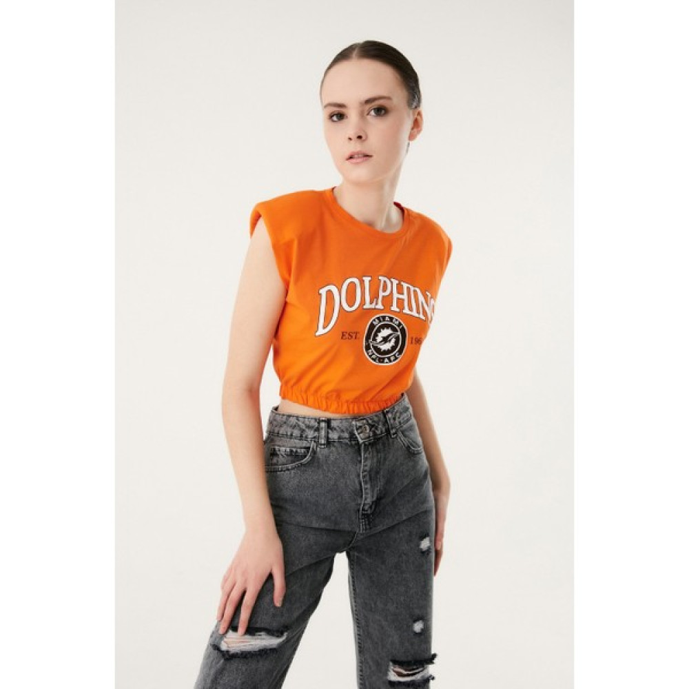 FullaModa Omzu Vatkalı Beli Lastikli Crop Tişört Bayan T-shirt Fiyatı