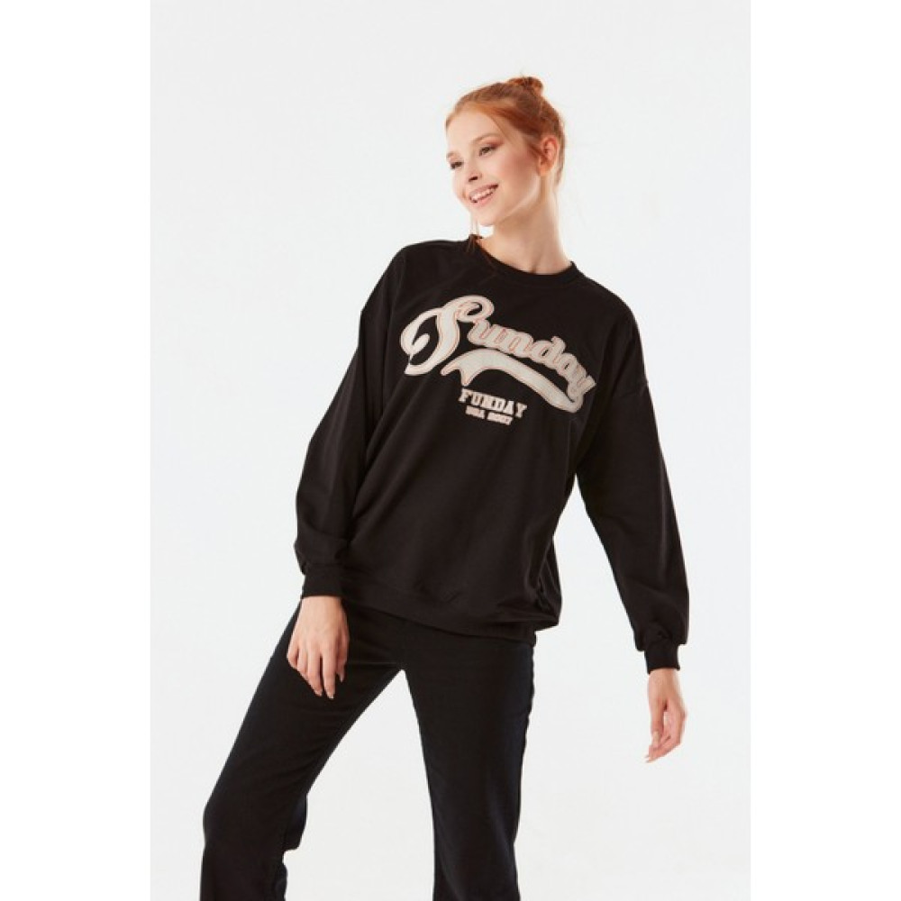 FullaModa Sunday Baskılı Bisiklet Yaka Sweatshirt Bayan Sweatshirt Fiyatı
