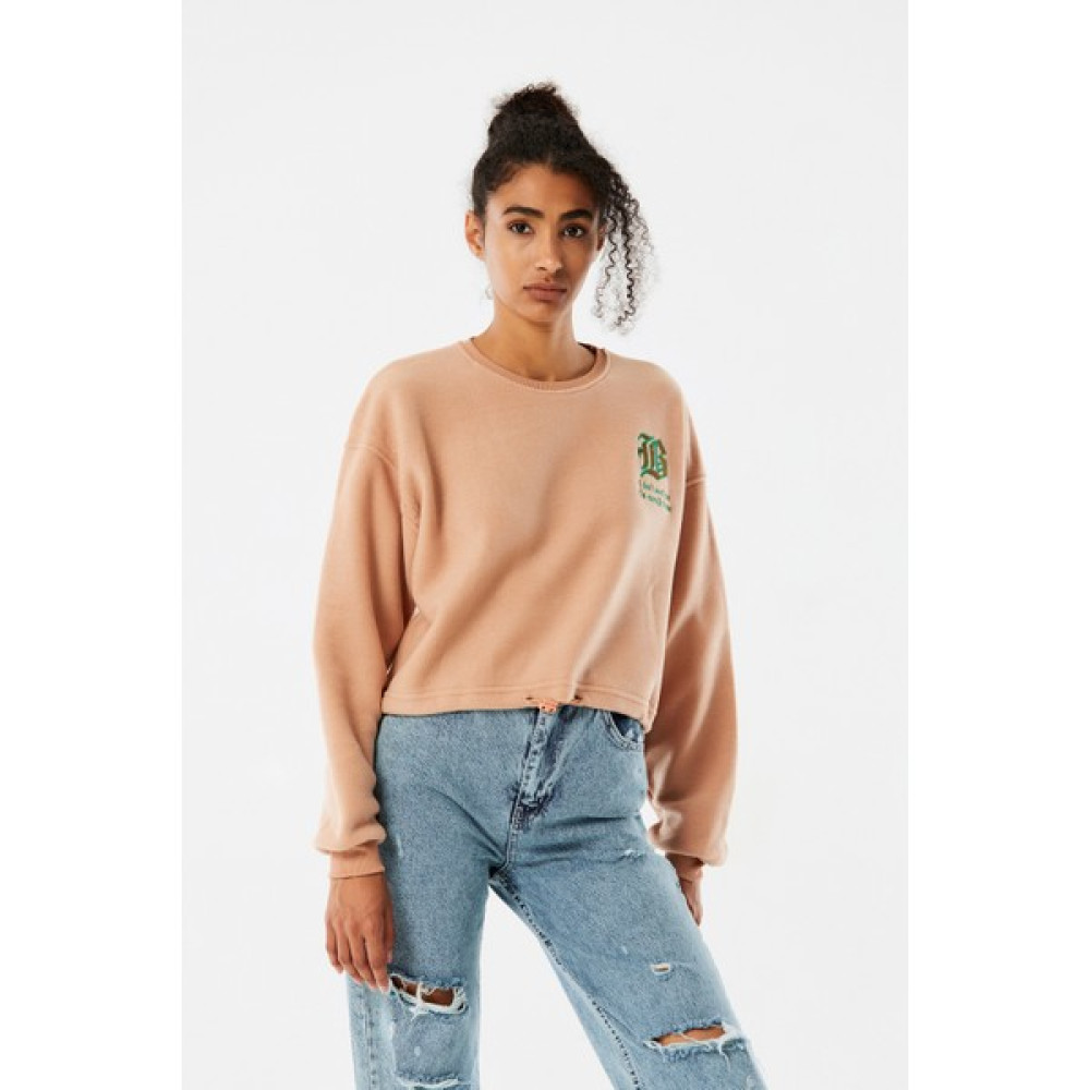 FullaModa Yazılı Beli Lastikli Polar Crop Sweatshirt Bayan Sweatshirt Fiyatı