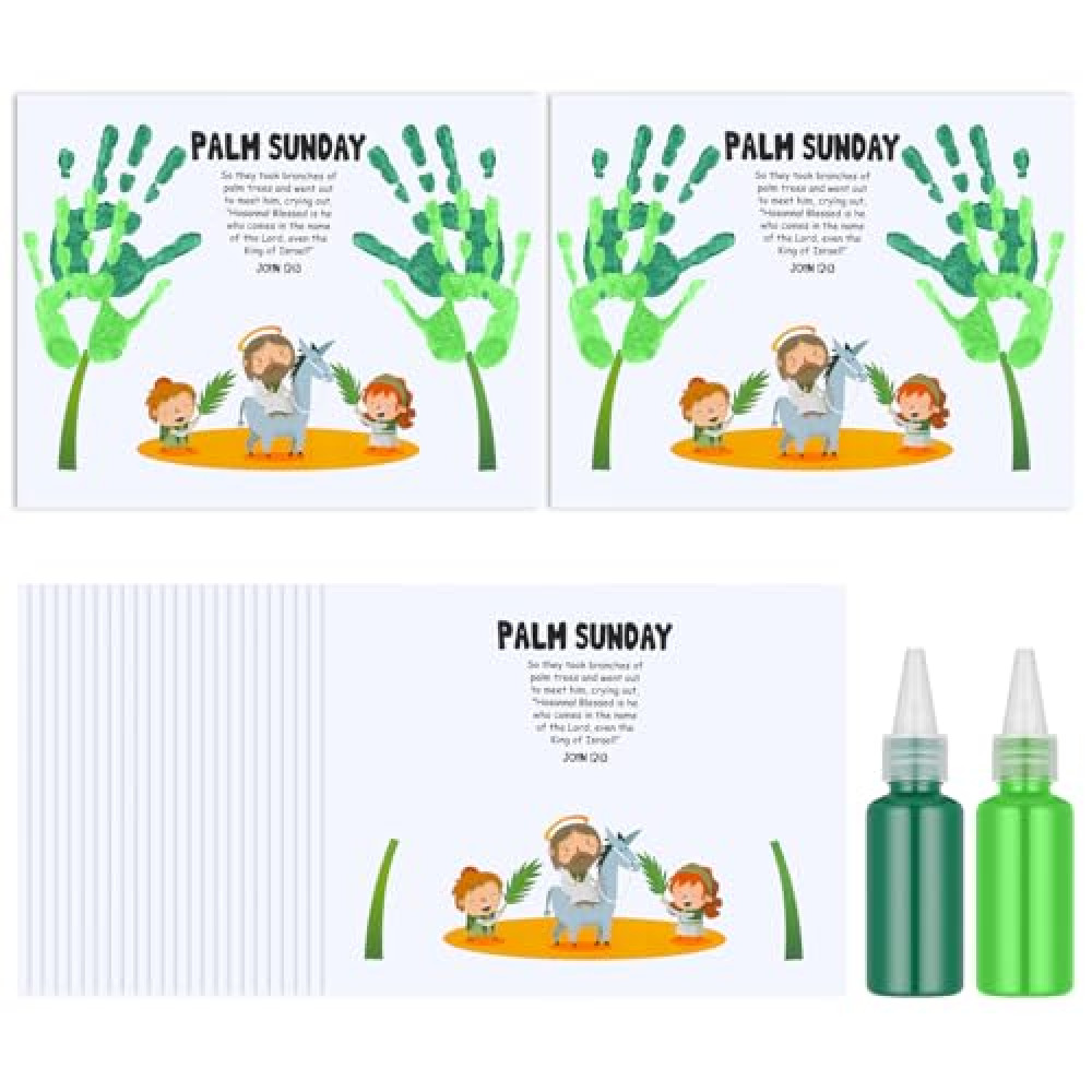 Fullhawl 24 Pcs Palm Sunday Crafts for Kids Religious Handprint Craft Kit DIY Christian Palm Leaf Greeting Cards Making Kit with Washable Green Ink for Home Party VBS Sunday School Activities