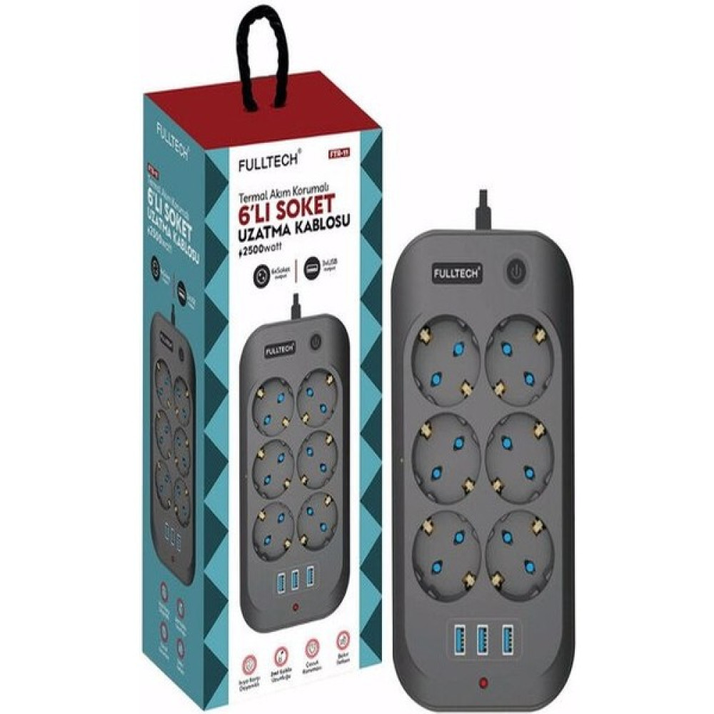 Fulltech 6 Priz 3xusb 10A 2 Mt Kablo 2500W Akım Korumalı Priz Ftr-11 8551 - Siyah Prizler Fiyatı