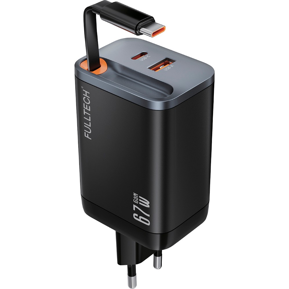 Fulltech FC23 67W Gan Hızlı Şarj Adaptörü | Dahili Retractable Usb-C Kablo + Usb-A Çıkışı | Telefon, Tablet ve Laptop Uyumlu - Siyah Laptop Adaptör Fiyatı
