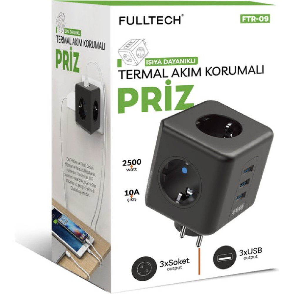 Fulltech Ftr-09 Termal Akım Korumalı Isıya Dayanıklı Çoklu Piriz, Çoklu USB Usb/piriz Nwprz - Siyah Elektrik ve Aydınlatma Fiyatı