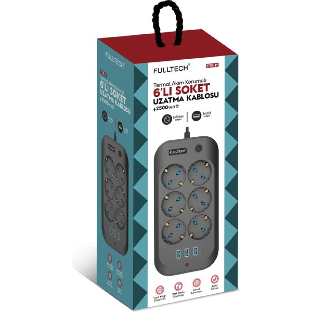 Fulltech Termal Akım Korumalı 6'lı Uzatma Kablosu 3x USB 2 mt 10 Amper Prizler Fiyatı