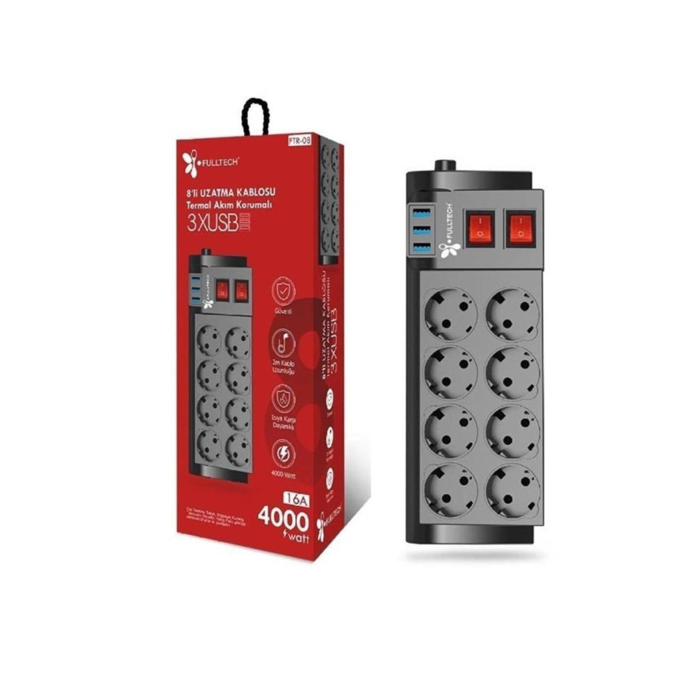 Fulltech Termal Akım Korumalı 8li Uzatma Kablosu 3xusb 2 Mt 16 Amper Ftr-08 Prizler Fiyatı