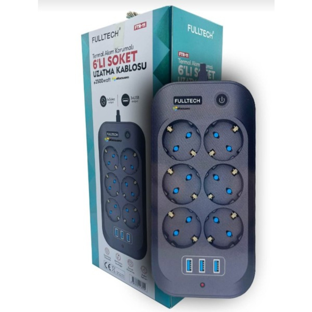 Fulltech Termal Akım Korumalı, Çocuk Korumalı, 6'lı 2 mt Uzatma Kablosu 6 x Priz, 3 x USB - Ftr-11 Prizler Fiyatı