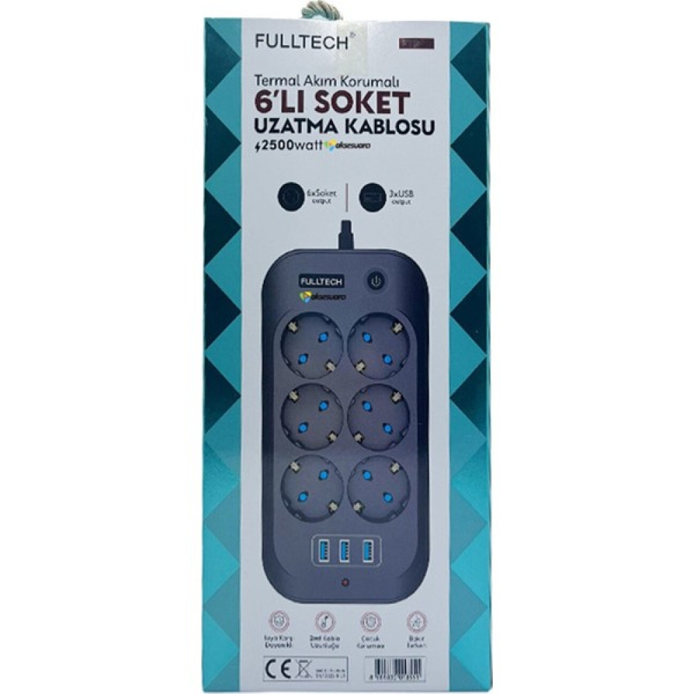 Fulltech Termal Akım Korumalı, Çocuk Korumalı, 6'Lı 2 Mt Uzatma Kablosu 6 X Priz, 3 X Usb - Siyah - Beyaz Prizler Fiyatı