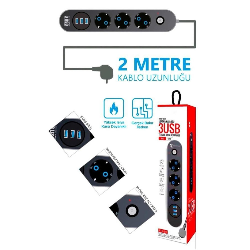 Fulltech Termal Akım Korumalı Isıya Dayanıklı 3lü Priz 2 mt Ftr-01 Prizler Fiyatı