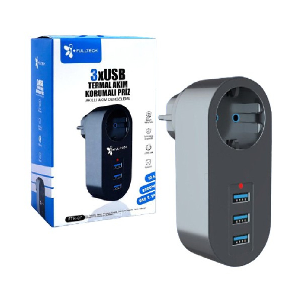 Fulltech Termal Akım Korumalı Tekli Priz - Akıllı Akım Dengeleme - 3xusb - Isıya Karşı Dayanıklı Prizler Fiyatı