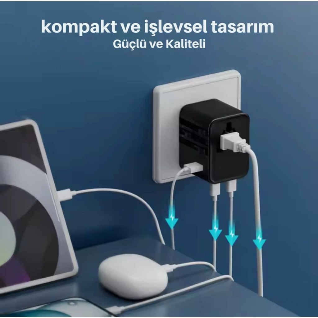 Fulltech Universal Seyahat Priz Dönüştürücü Adaptör, 45W Şarj Cihazı, 2x USB Girişi, 3x Type-C Girişi, Uluslararası Güç Adaptörü, Tr, Us, Uk, - Siyah Bilgisayar Çevirici ve Adaptörü Fiyatı