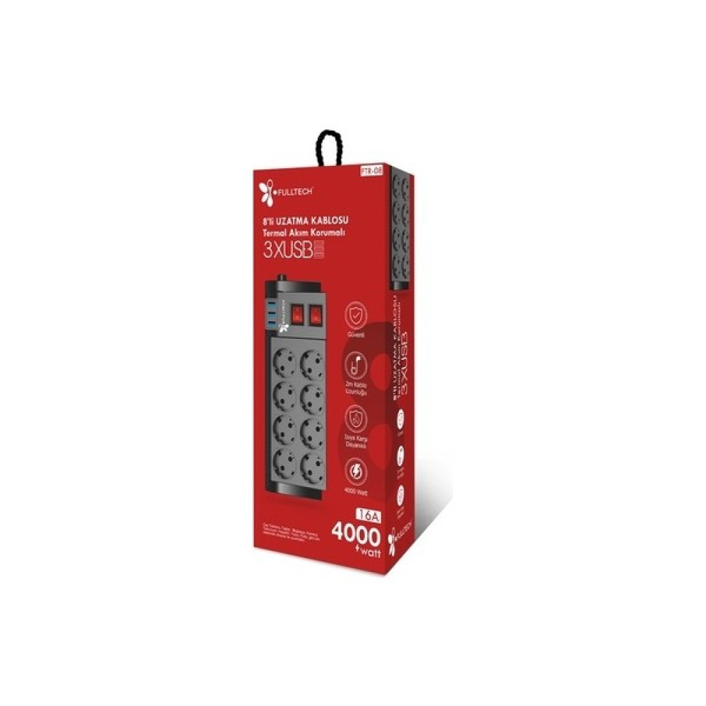 Fulltech Uzatma Kablosu 8 Li Priz 3xusb 2m Kablo Ftr-08 Prizler Fiyatı