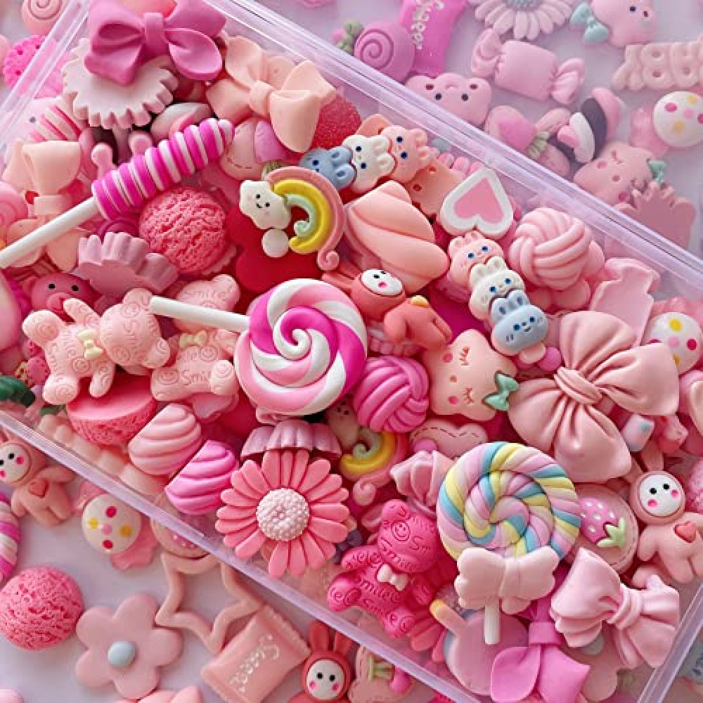 FULUSODO 60pcs Slime Charms Cute Set,Pink Bulk Mixed Resin Charms Set Ornament Scrapbooking