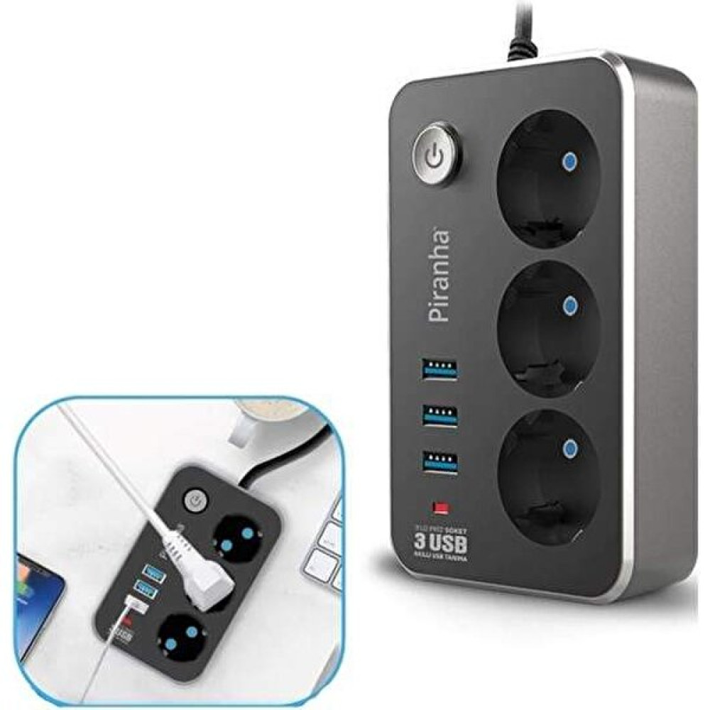 Fumeast Isıya Dayanıklı Termal Akım Korumalı 2 mt 10A 2500W 3lü Priz ve 3 USB 2.1A Uzatma Kablosu Prizler Fiyatı