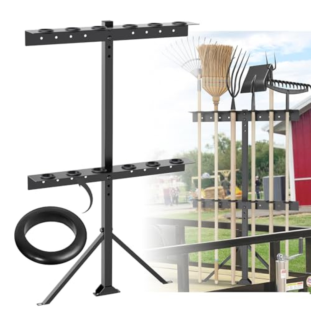 Fumingpal Utility Trailer Tool Rack, Shovel Rack for Truck, Rake Shovel Holder Landscape Hand Tool Accessories for Trailer Truck with 6 Rubber Holes with Brackets, Black
