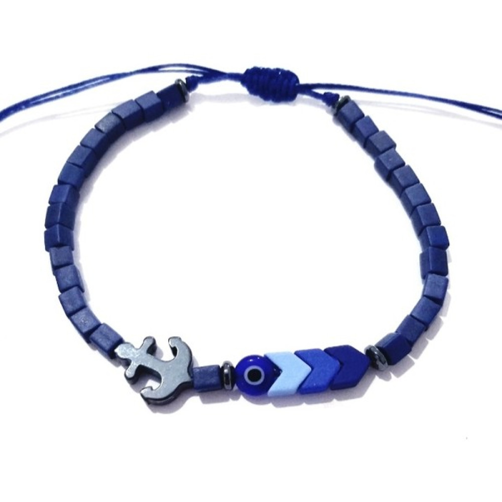 Funny Takı Çapa ve Ok Şeklinde Hematit Taşlı Nazar Boncuklu Küp Miyuki Unisex Bileklik - 17 cm - Lacivert Saat ve Bileklik Aksesuarı Fiyatı