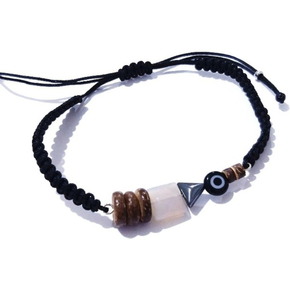 Funny Takı Gri Akik ve Hematit Doğaltaşlı Bambu ve Siyah Nazar Boncuklu Unisex Bileklik - 17 cm - Gri - Kahverengi Saat ve Bileklik Aksesuarı Fiyatı