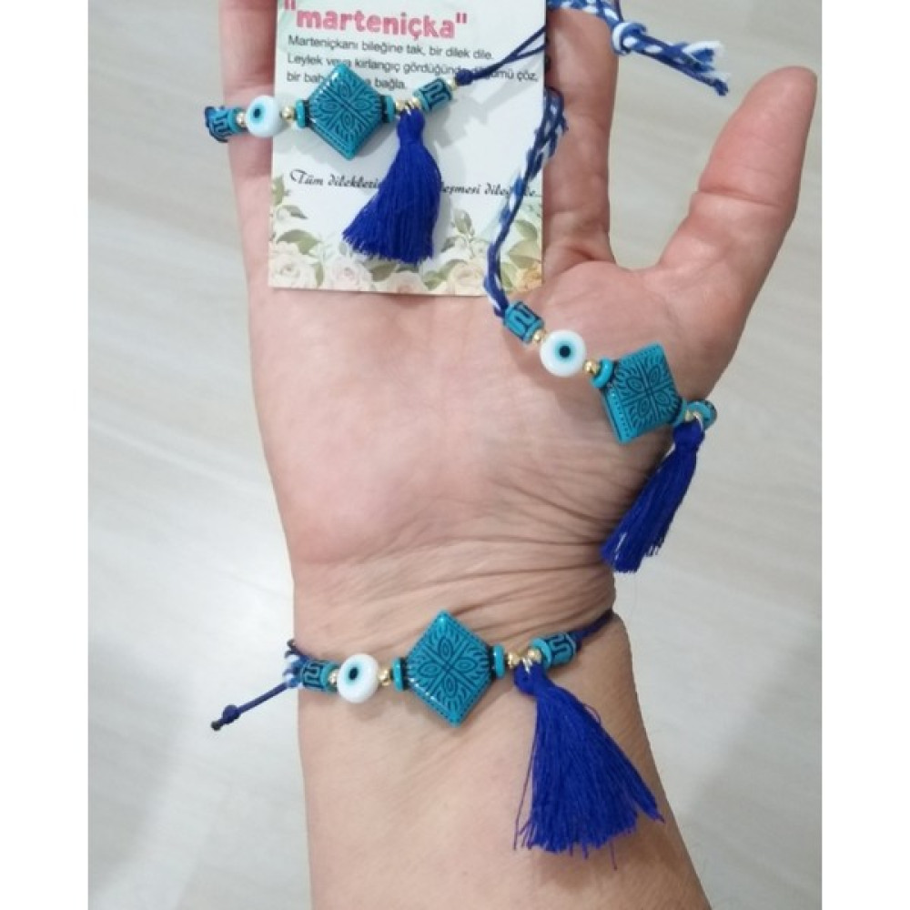 Funny Takı Üç Adet Mavi Boncuklu Nazar Boncuklu Püsküllü Asimetrik Marteniçka Bileklik - 17 cm - Lacivert Saat ve Bileklik Aksesuarı Fiyatı