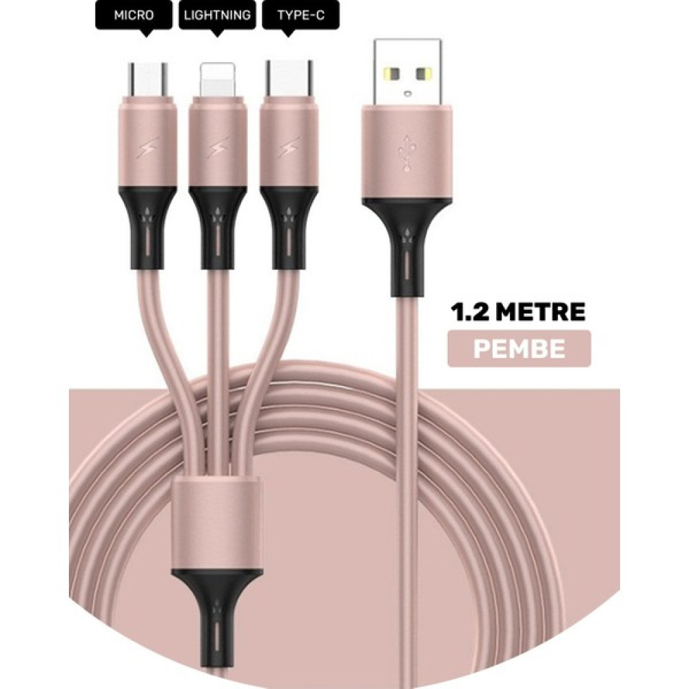 Furenfa Huawei Xiaomi Samsung Iphone Uyumlu Çoklu Şarj Aleti Cihazı Kablosu Type-C Micro Lightning 3lü Şarj - Pembe Cep Telefonu Kablosu Fiyatı