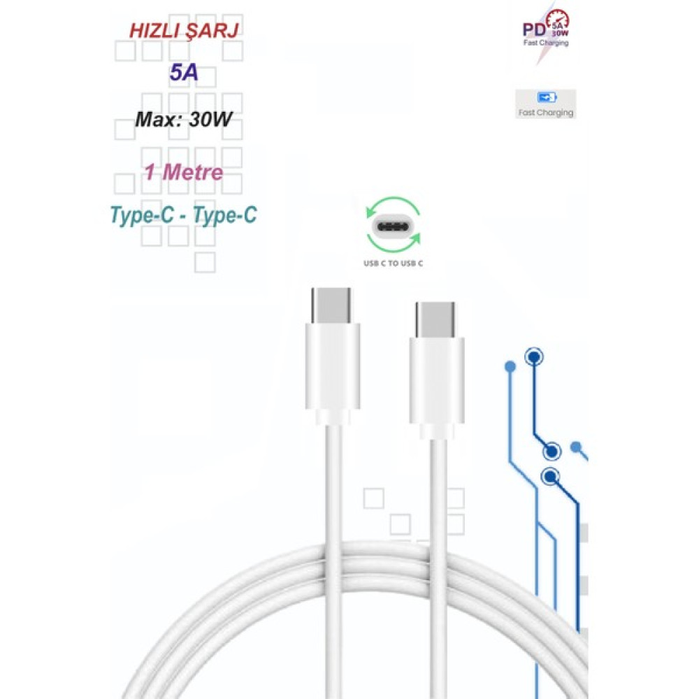 Furenfa Type-C To Usb-C Şarj Kablosu Type-C Data Aktarım Hızlı Şarj 5.0A 30W - Beyaz Cep Telefonu Şarj Cihazı Fiyatı