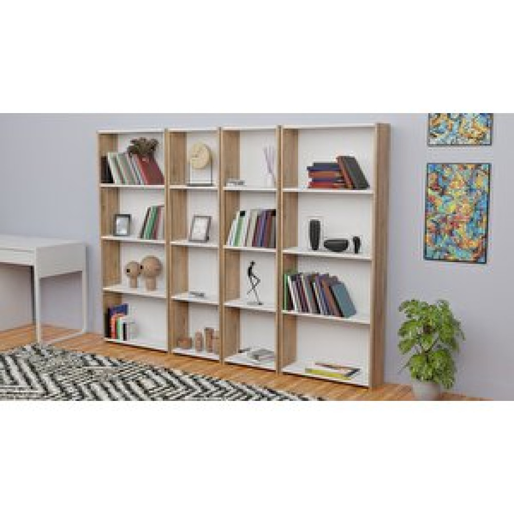 Furnature Design 5 Raflı Kitaplık Seti Arkalıklı 2 Dar 2 Geniş Raf Kütüphane 170 Cm Atlantik Çam - Beyaz Kitaplık Fiyatı