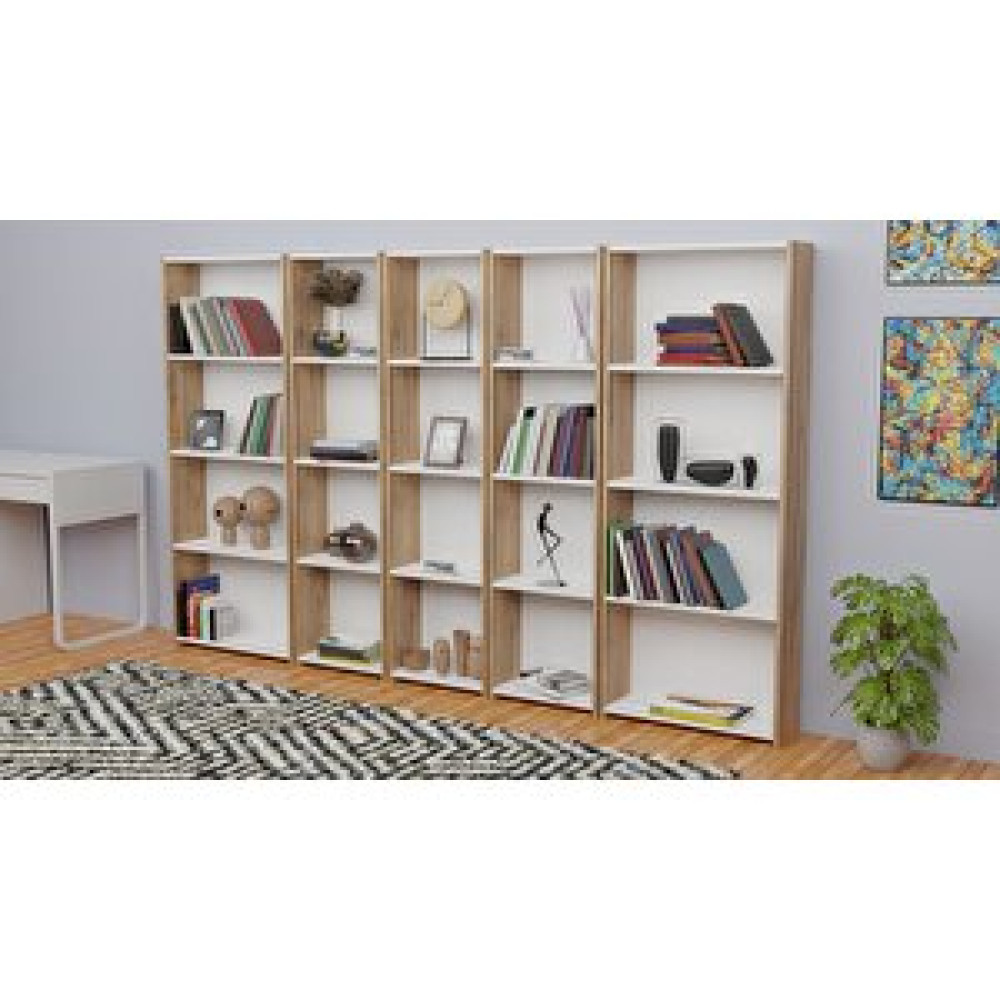 Furnature Design 5 Raflı Kitaplık Seti Arkalıklı 3 Dar 2 Geniş Raf Kütüphane 170 Cm Atlantik Çam - Beyaz Kitaplık Fiyatı