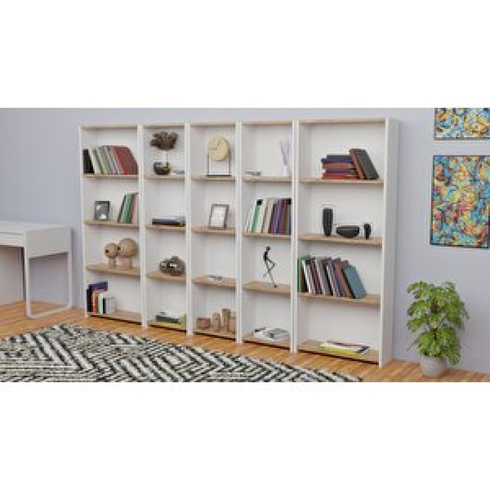Furnature Design 5 Raflı Kitaplık Seti Arkalıklı 3 Dar 2 Geniş Raf Kütüphane 170 Cm Beyaz - Atlantik Çam Kitaplık Fiyatı