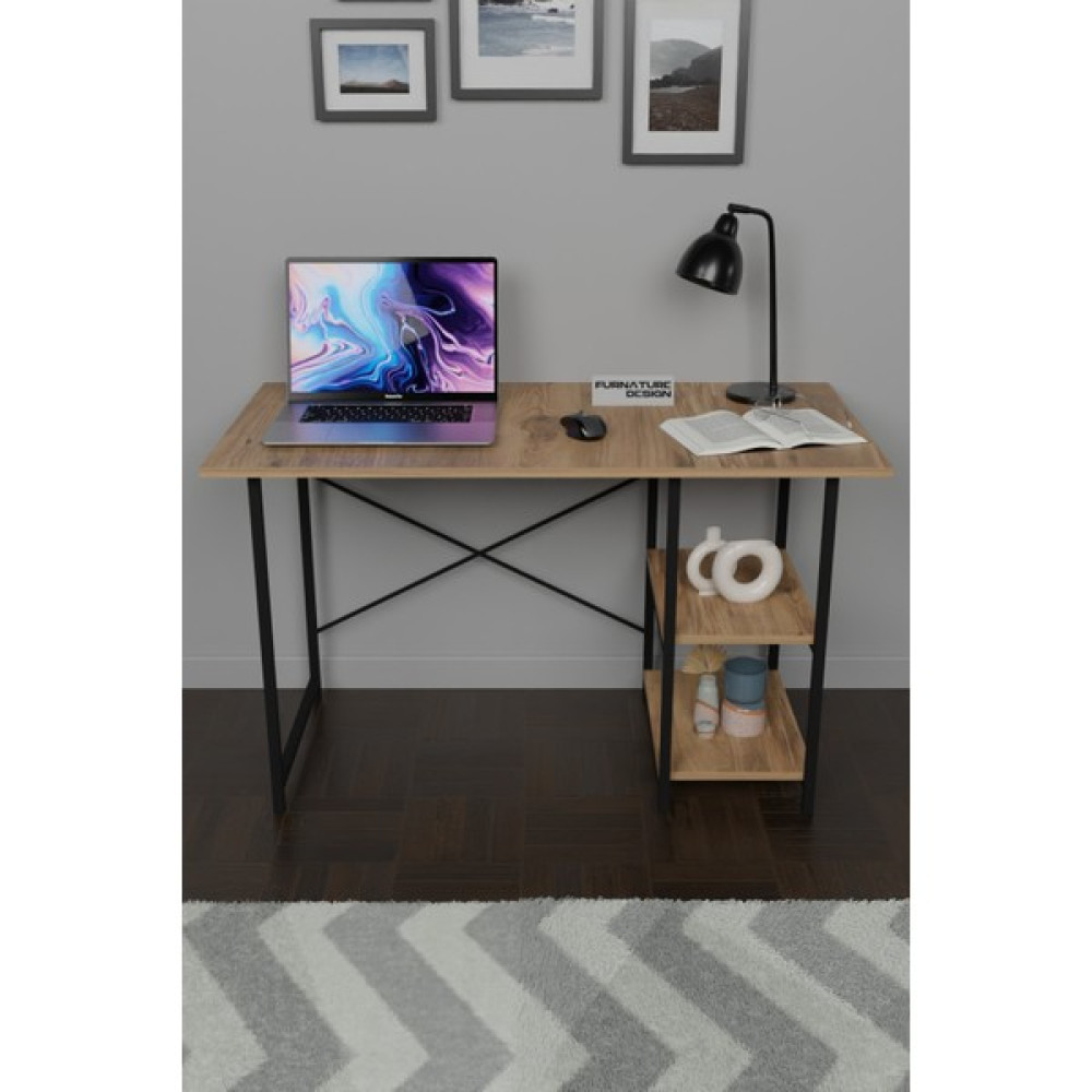 Furnature Design Çalışma Masası 2 Raflı Metal Ahşap 60X120 Ofis Bilgisayar Masası Atlantik Çam - 60x120x72 Çalışma Masası Fiyatı